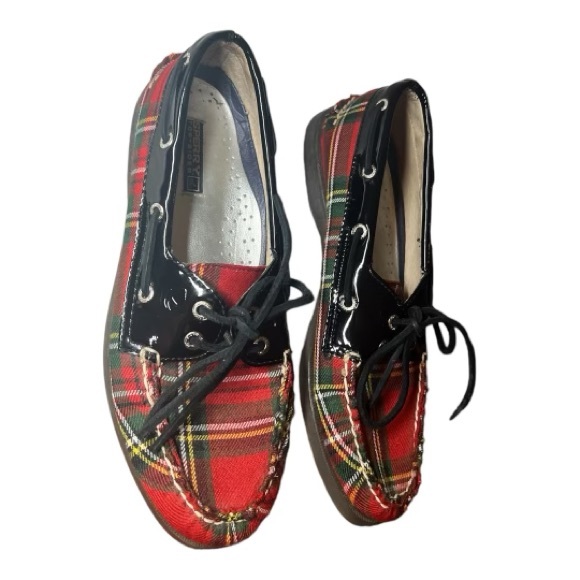 Sperry Women's Red Multi Plaid Tartan Boat Shoes Black Patent Leather 7.5M - Picture 4 of 10